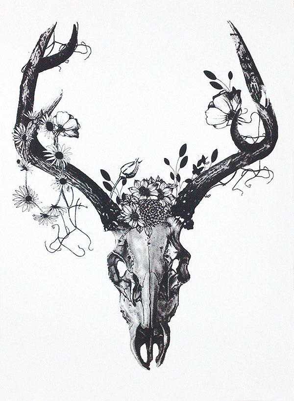Deer Skull with Charcoal Flowers - Screen Print