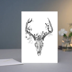 Greeting Card - Deer Skull with Charcoal Flowers